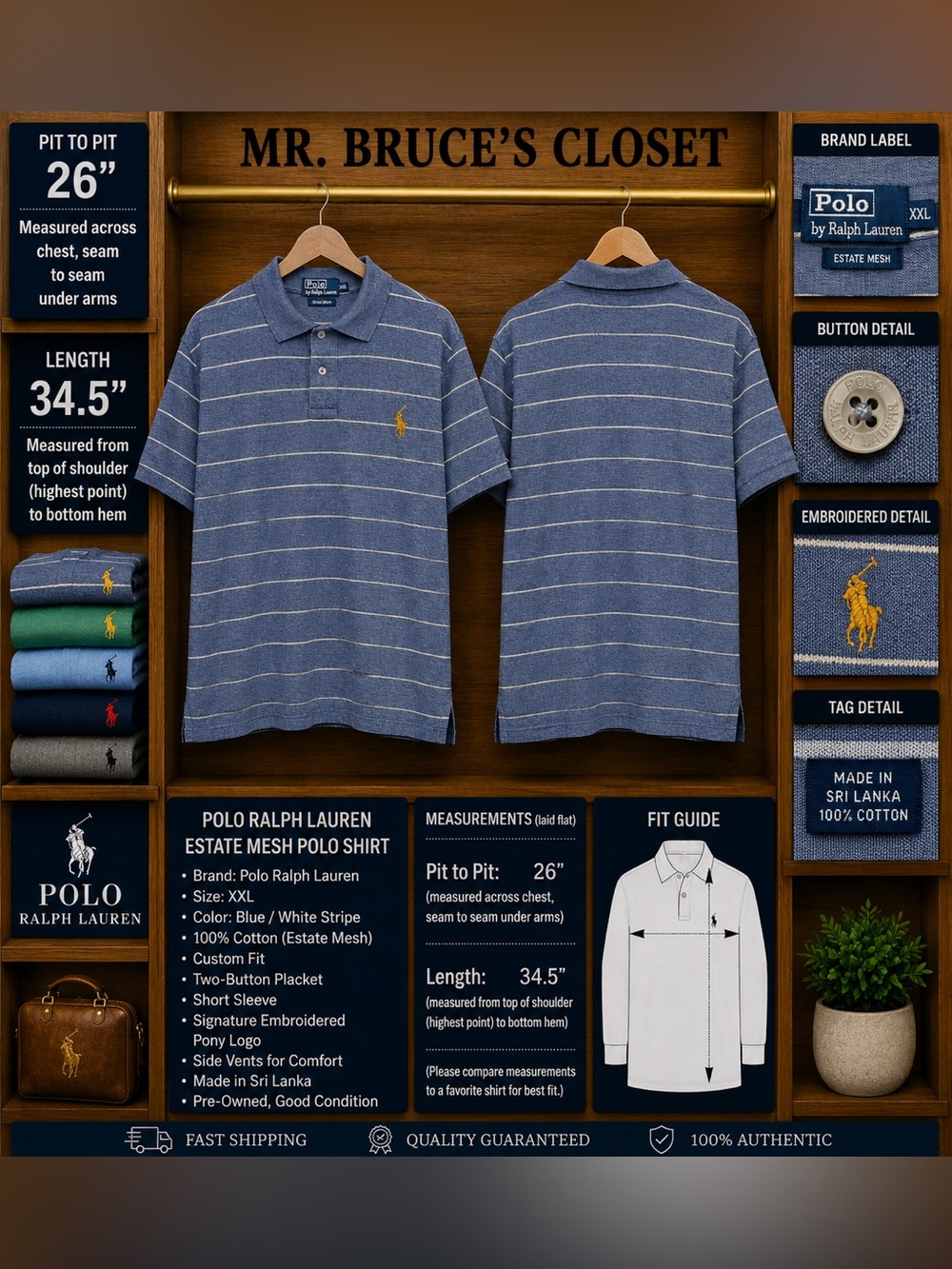 Ralph Lauren Blue and White Striped Mesh Polo Shirt